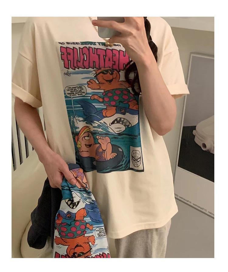 Women's Oversized Cartoon Print Morandi Color T-Shirt