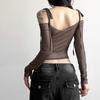 Women's One Collar Long Sleeved Waist Cinched And Exposed Navel Slim Fit T-Shirt Top
