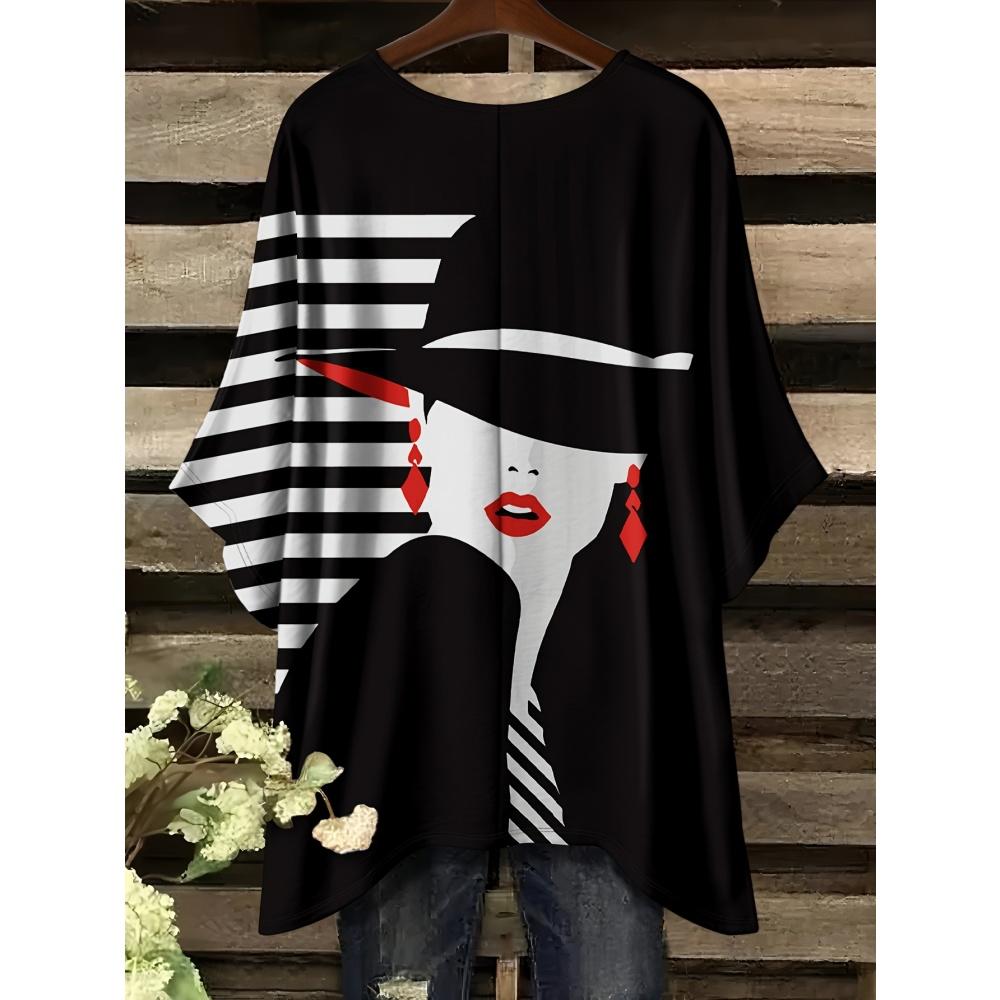 Damen T-Shirt Elegant Schwarz Gestreift Damen Gesichts Grafikdruck Tops Sommer Lässig Rundhals Kurzarm T-Shirts für Damen