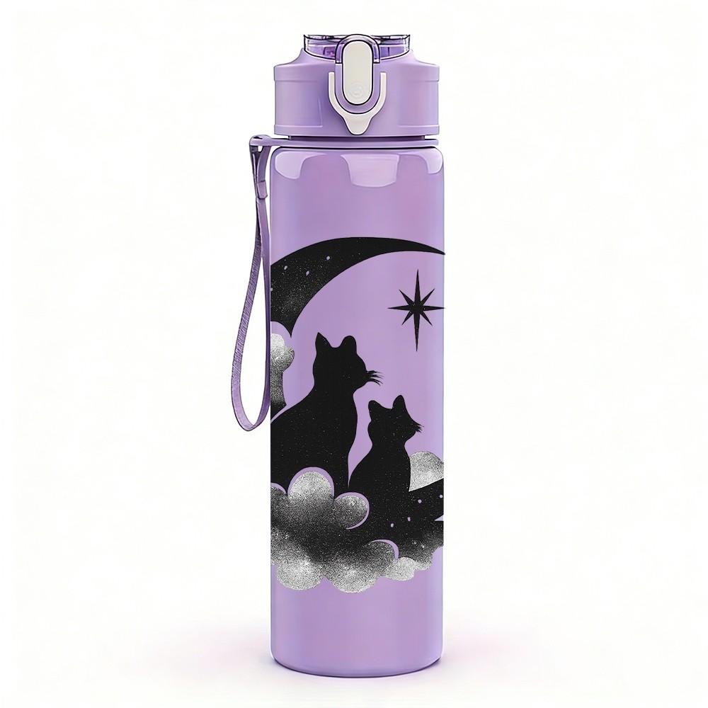 1PC Cat Moon Night Silhouette 750ml Color Plastic Sports Water Bottle Leakproof Flip Straw Lid Suitable for Sports Office Home Use