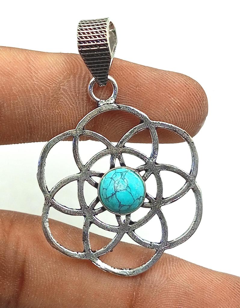 Turquoise Gemstone 925 Sterling Silver Plated Flower Round Shape Pendant Jewelry