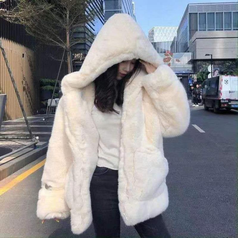 Autumn and Winter New Imitation Lamb Wool Thickened Loose Medium and Long Imitation Fur Coat Women's Plush Hooded Coat