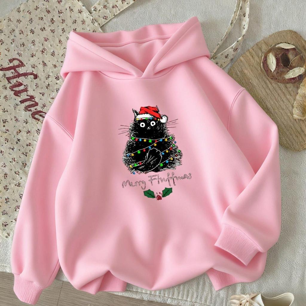 Cartoon cat graphic kids hooded sweatshirt, Merry Fluffmas letter illustration, soft comfy texture, ideal for Christmas gifts and daily wear.