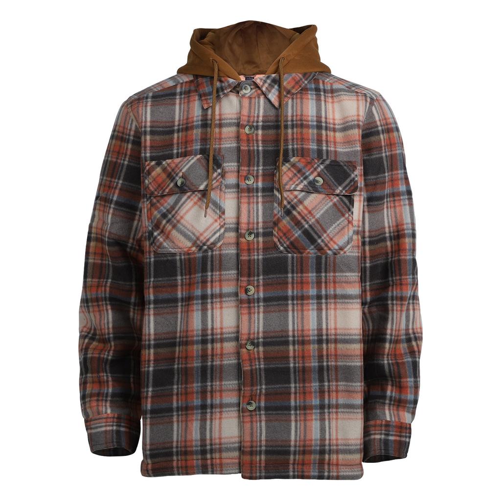 Men's Plaid Long Sleeve Shirt Men's Pocket Button Hooded Sweatshirt