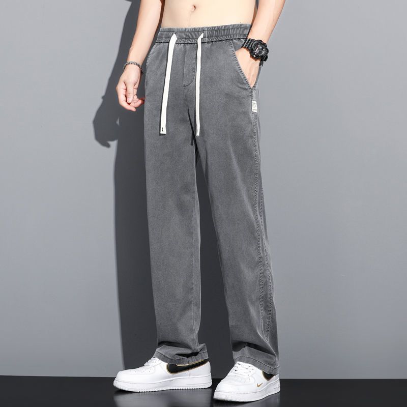 Summer Soft Lyocell Fabric Men's Jeans Thin Loose Straight Pants Drawstring Elastic Waist Korea Casual Trousers Plus Size M-5X