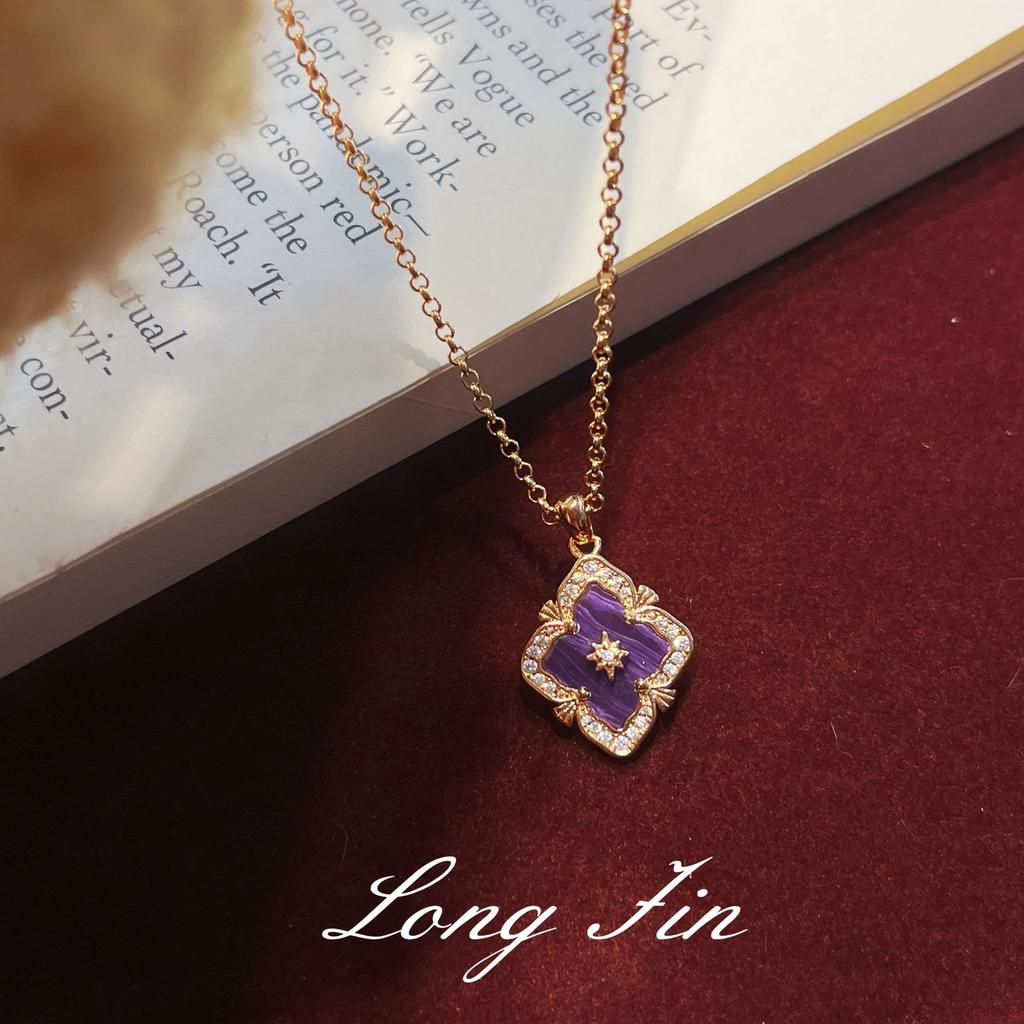 French Retro Four-Leaf Clover Window Grilles, Purple Dragon Crystal Jewelry Set, Necklace, Bracelet, Earrings, And A Ring.