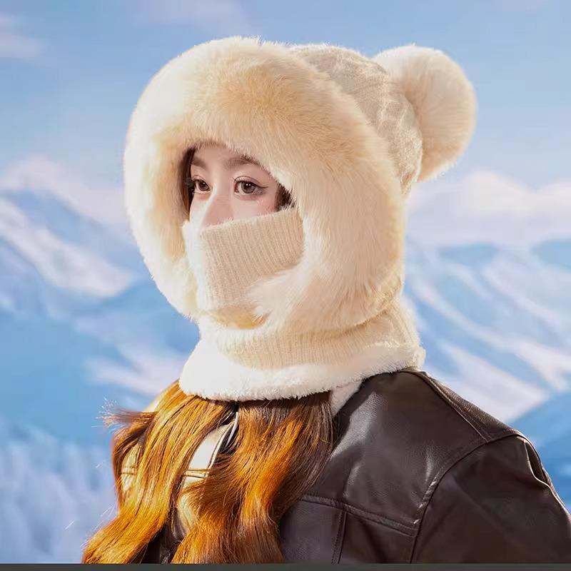 Women's Acrylic Knit Hooded Scarf - Multifunctional Fall/Winter Headwear with Integrated Face Cover for Outdoor Cycling and Skiing