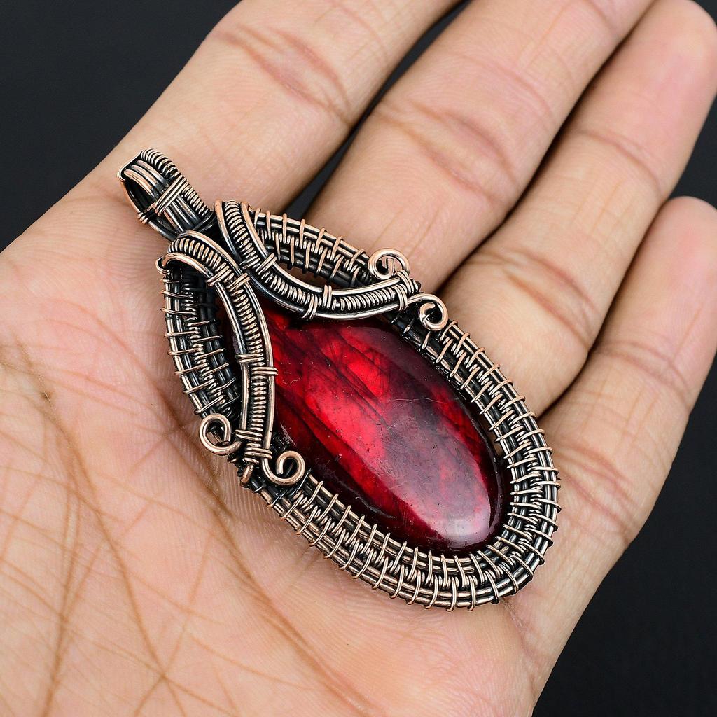 Red Flash Labradorite Pendant, 999 Copper Wire Wrapped Jewelry, Gemstone Jewelry Pendant, Handmade Wedding Gift Jewelry