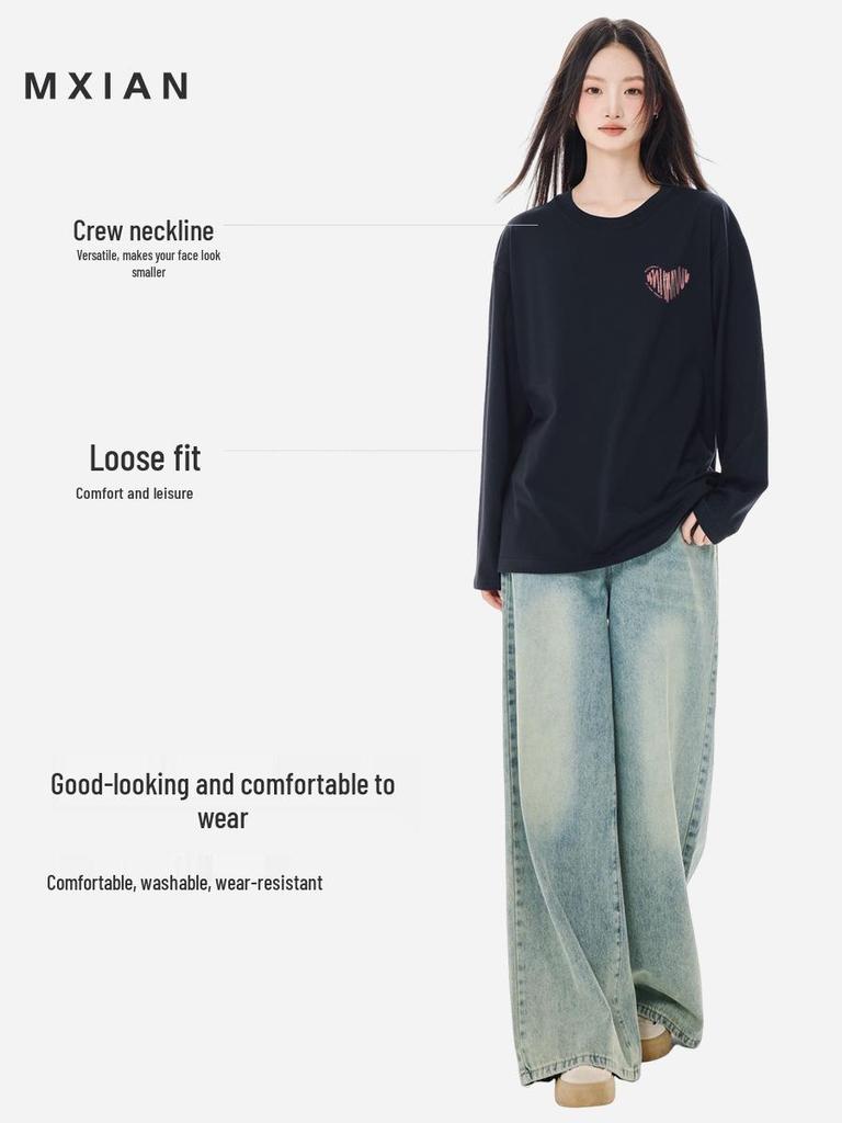 Women's 2025 American Style Pure Cotton Long-Sleeve T-Shirt: Loose Fit, Ideal for Autumn/Winter.