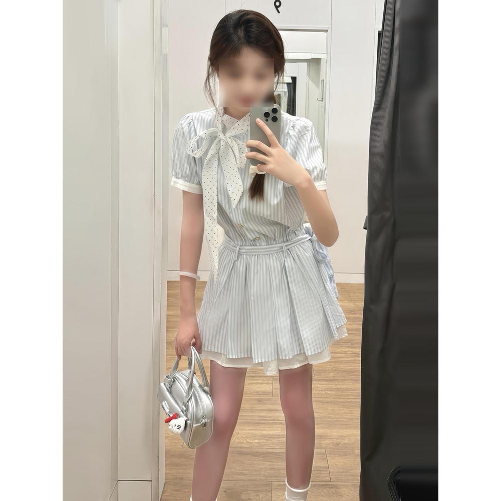 New college style blue striped shirt dress children's summer casual small temperament waist a-word skirt