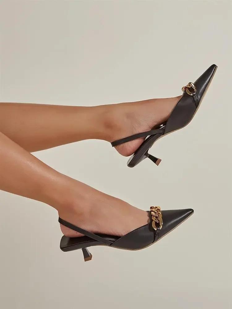 New Fashion Women Sandals 3cm High Heels Chain Slippers Lady Elegant Slingback Mules Low Heel Luxury Slides Wedding Shoes Ladies
