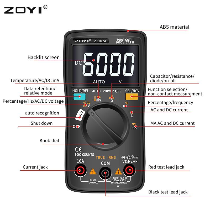 

Цифровий мультиметр ZOYI ZT-98/100/101/102/102A Автоматичне визначення діапазону 6000 відліків AC/DC Амперметр Вольтметр Ом Гц Ture RMS тестер Портативний