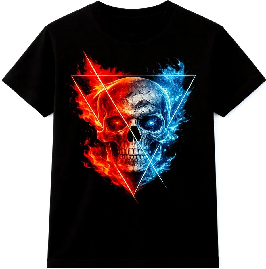 

Skull T Shirt Split Fire Ice Graphic Tee Fantasy Geometric Skull Gothic Top M