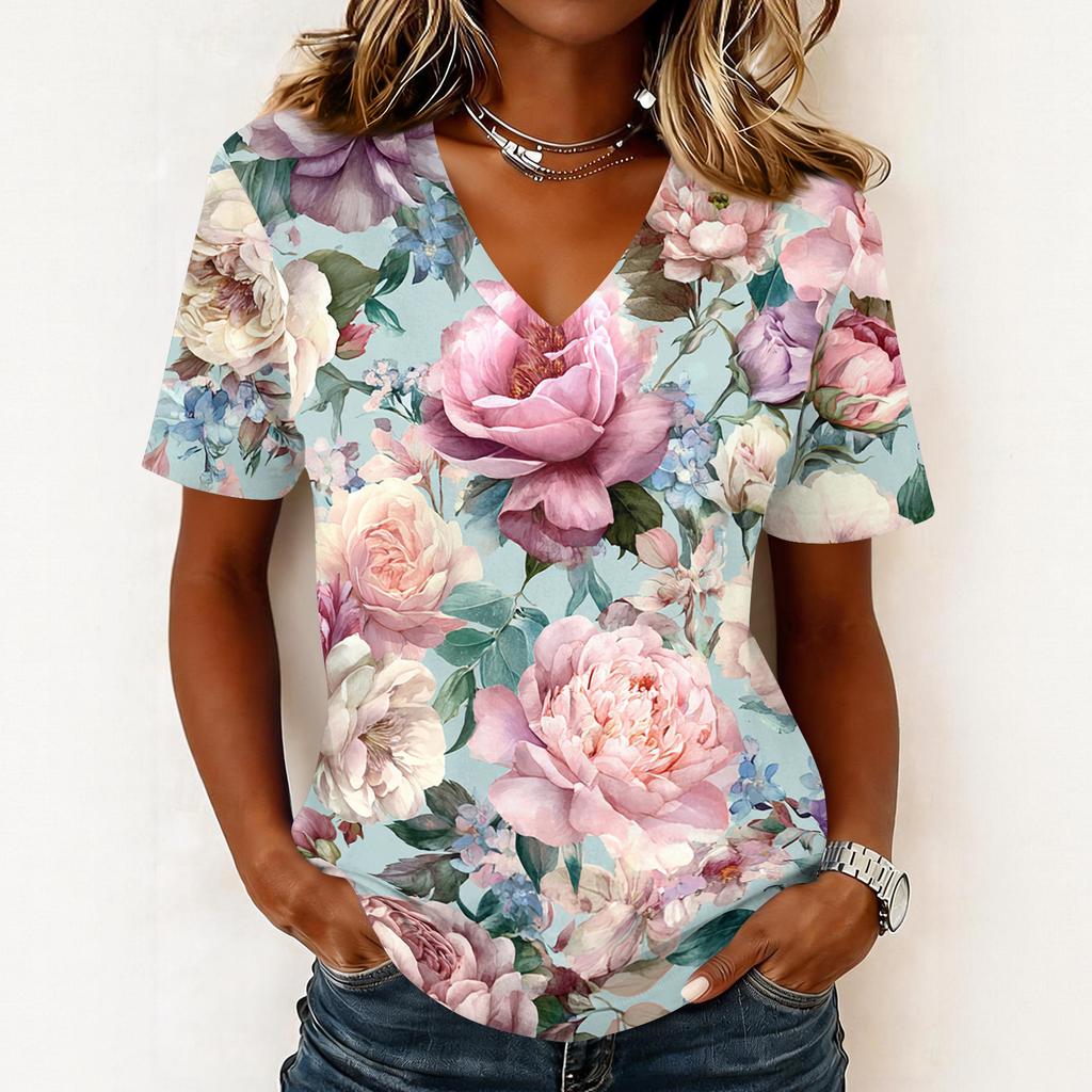 Women's fashionable casual short-sleeved floral print V-neck pullover top
