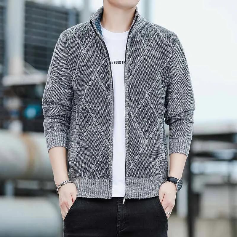 Men's Casual High Collar Long Sleeve Knitted Top with Velvet Warmth for Autumn and Winter Fashion Multi Functional Jacket