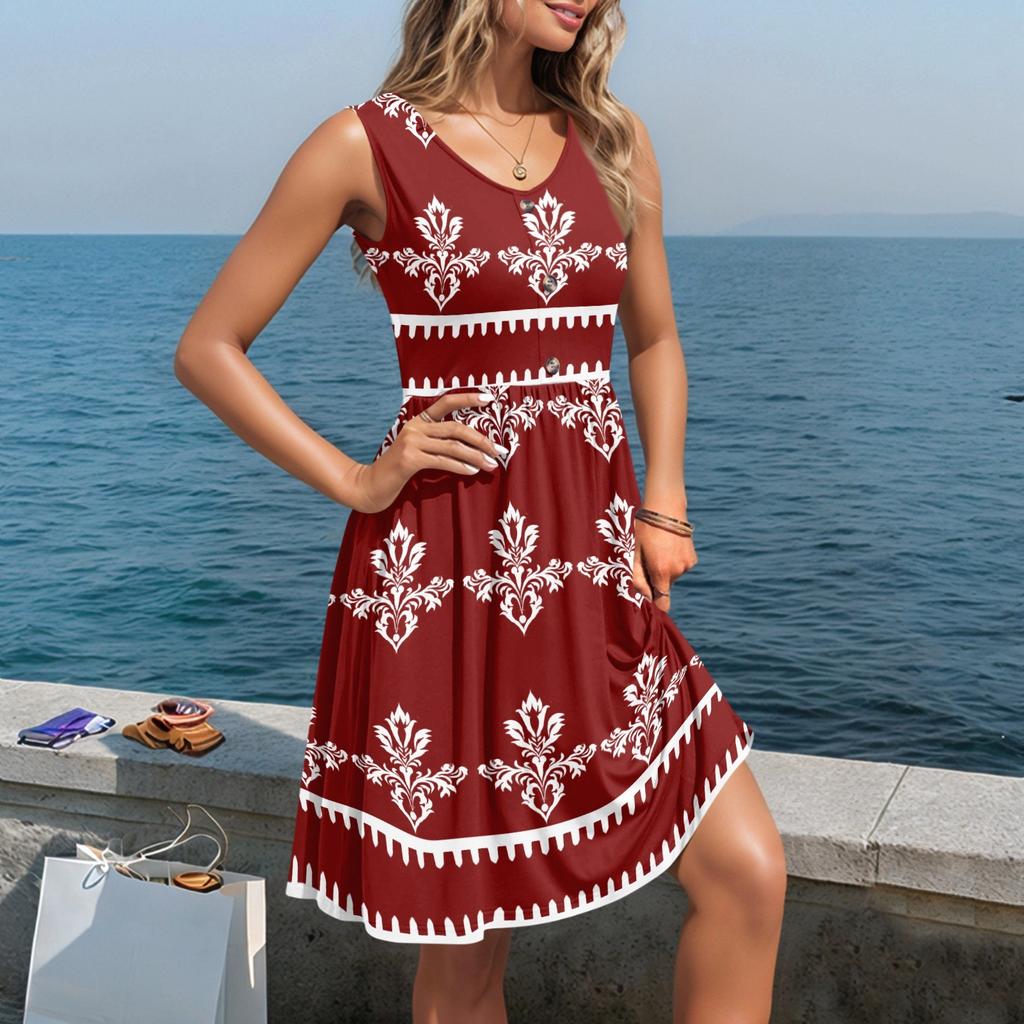 Damen Lässige Ärmellose Sommerkleider Frühling Rundhals Patchwork Boho Floral Cocktailparty Kleid