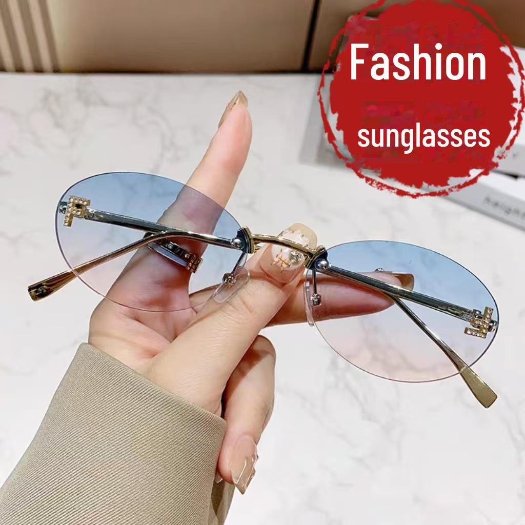 Trendy Oval Frameless Sunglasses with Diamond Accents