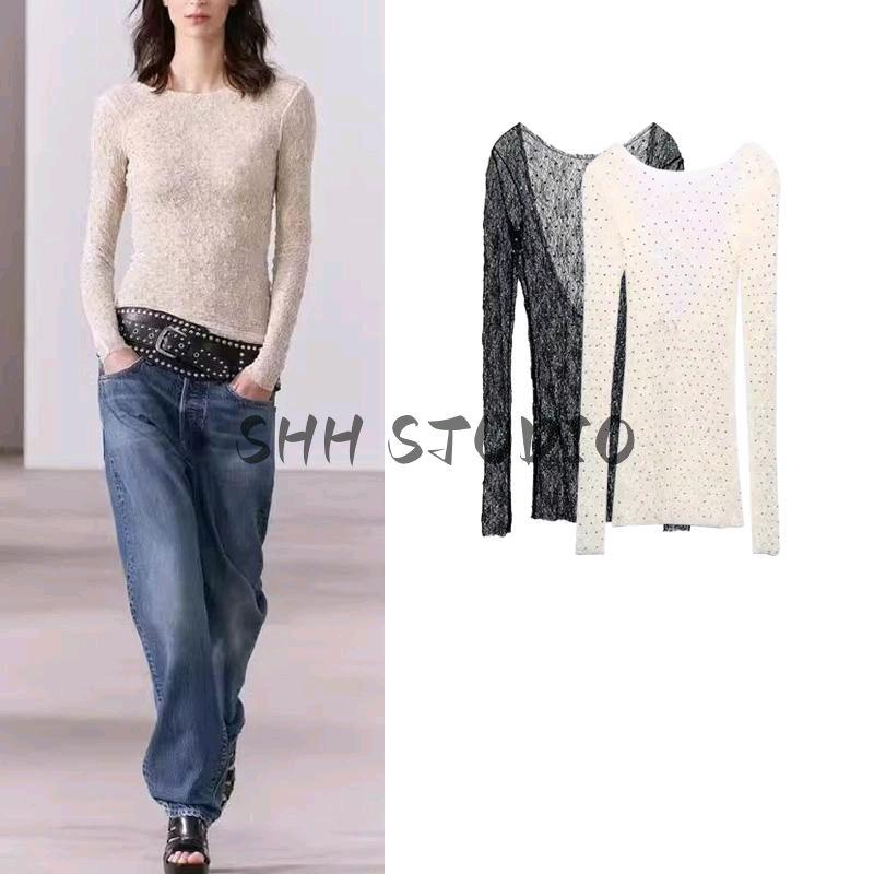 Spring New Women's Clothing Long Sleeves Round Neck Rhinestone Bottoming Shirt Sexy Lace Open Back Tops 1058003