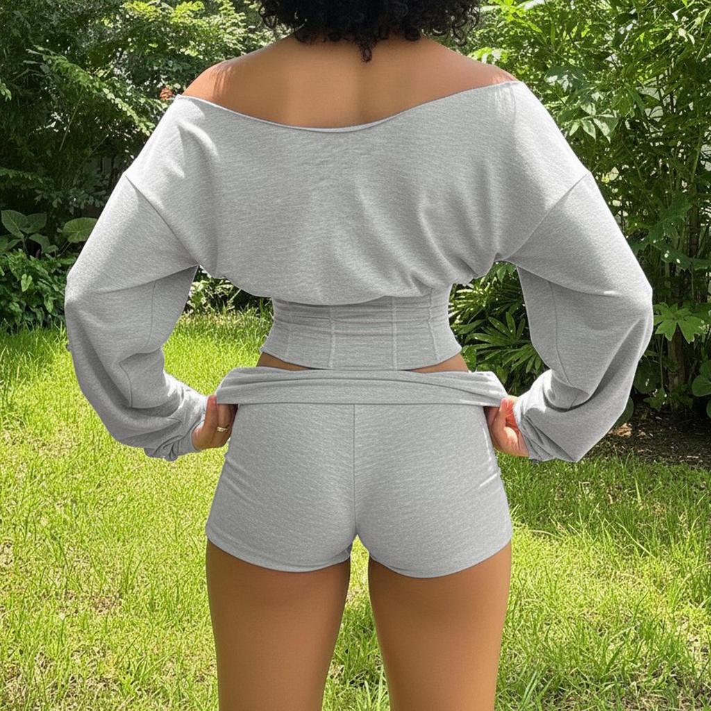 American Casual Off-Shoulder Long-Sleeve Hoodie Waist-Cinched Sportswear Set