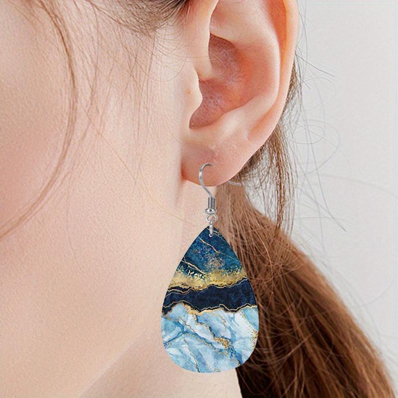 2D Flat Lightweight PU Leather Printed Teardrop Earrings, Blue-Purple Gradient Marble Pattern & Black Rose Design, Women's Fashion Pendant Earrings