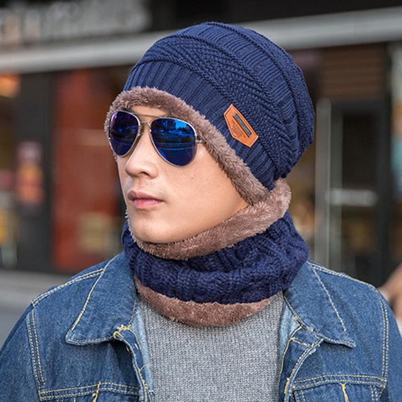 Winter Warm Hat Scarf Set for Men Women Thickened Velvet Outdoor Riding Hat Beanies Windproof Cold-Resistant Knitted Scarf Cap