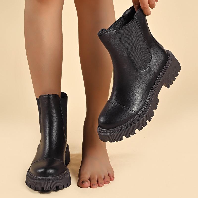 Fashion New Black Versatile Womens Boots with Mid Heel Short Tube Sleeve Waterproof and Non Slip 2024 Winter Outdoor PU Fashion Boots