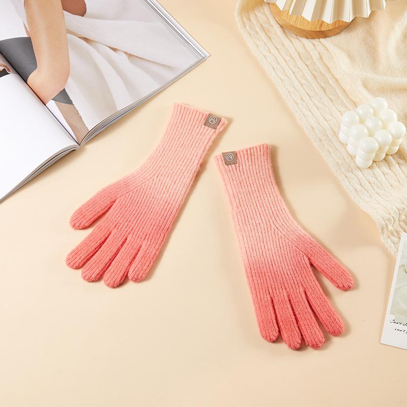 

Перчатки с градиентным цветом для холодного сезона, пятипалые, с сенсорным экраном, из шерсти, вязаные, для женщин. Теплые пальцы для езды в холодное время года для мужчин и женщин.