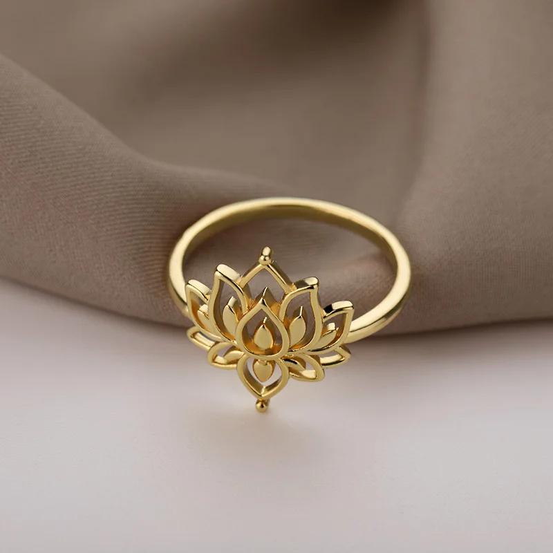 Lotusblumenringe für Damen Edelstahl Goldfarbe Hohlring Mode Hochzeitsfeier Ästhetischer Schmuck Geschenk anillos