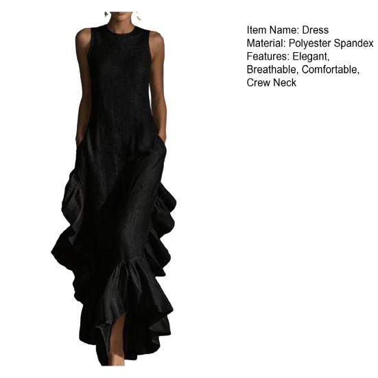 Ärmelloses Damenkleid Raffung Rüschensaum Elegantes Schwingkleid Rundhalsausschnitt Strandkleid für Büro Party Cocktail Strandmode