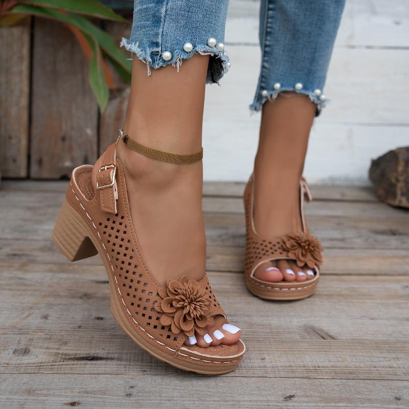 New Summer Women's Floral High Heel Sandals Buckle-Strap Slides