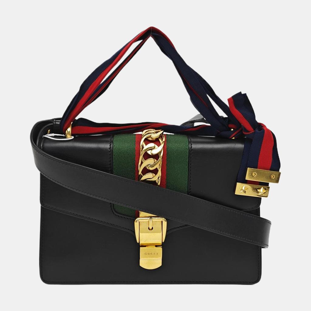 [Pre-Owned] Sylvie Gold Buckle Striped Web Satin Bow Wide Shoulder Strap Leather Handbag Crossbody Bag Shoulder Bag Small - Fair #1GNYUB2