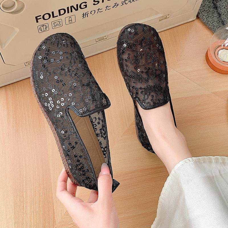 Fashion 2025 New Hollow Lace Flat Shoes Women Summer Slip On Loafers Breathable Shoes Ladies Shoes Casual Fashion Black Sneakers