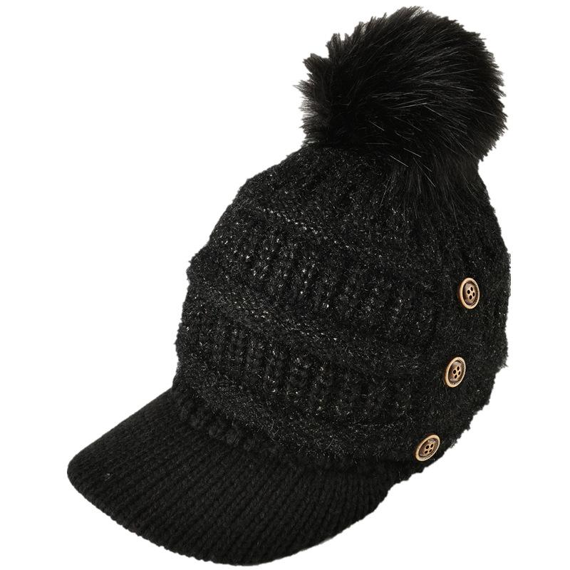 Autumn Winter Women Button Plush Thickened Warm Duck Tongue Big Wool Ball Knitted Wool Hat