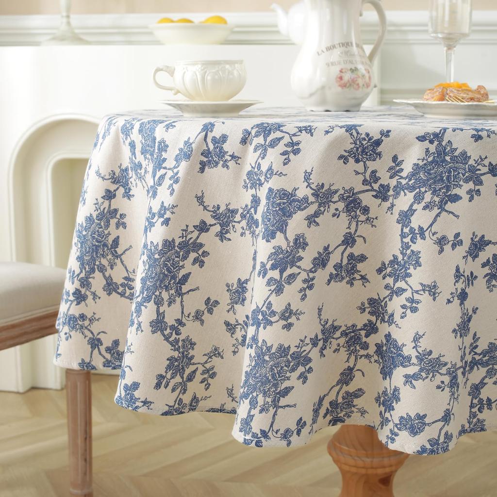 Pastoral Round Tablecloth, Vintage Cotton Linen Washable Table Cloth, Blue Flower Table Cover For Patio Table, Dining Room Decor