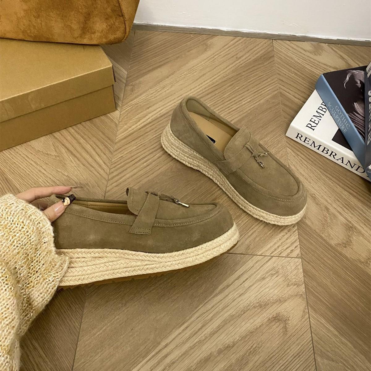 

2025 осень и зима новая круглая голова внутренний плетеный из пеньки танкетка матовая кожа толстая подошва Boken женские туфли-лодочки 40