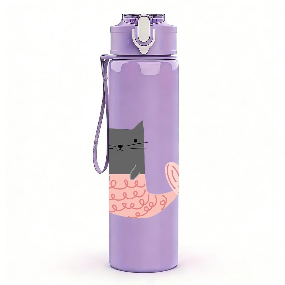 1PC Mermaid Cat Character Pattern 750ml Color Plastic Sports Water Bottle Leakproof Flip Straw Lid Suitable for Sports Office Home Use