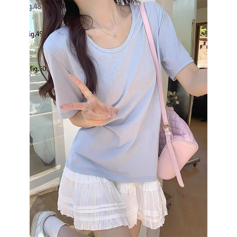 Summer Mint Short-sleeved T-shirt for Women's New Women's Solid Color Pullover Loose Basic Versatile U-neck Front Shoulder Top