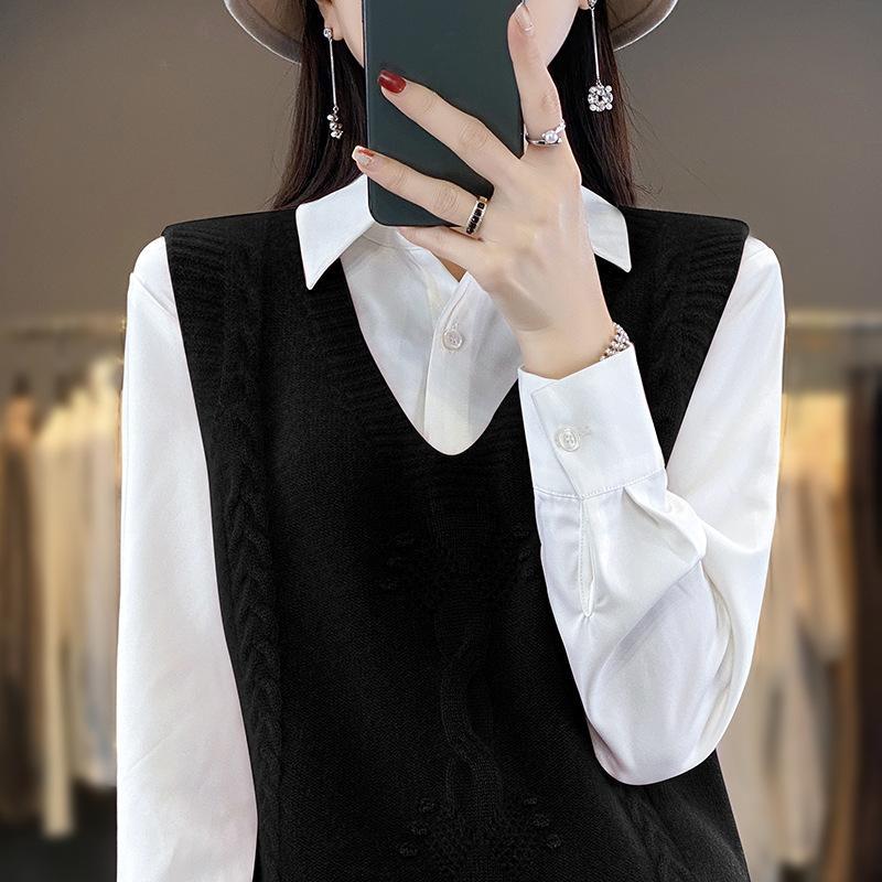 Solid V Neck Cable Knit Vest, Casual Sleeveless Sweater For Spring & Fall, Women's Clothing