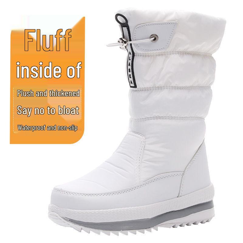 Women's White Waterproof Non-Slip Fleece-Lined Snow Boots - Korean Style, Plus Size, Cotton, Thickened Winter Footwear