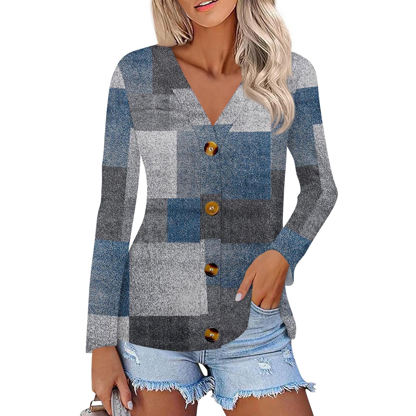 

Женская модная повседневная рубашка на пуговицах с принтом, топы с длинным рукавом L синий