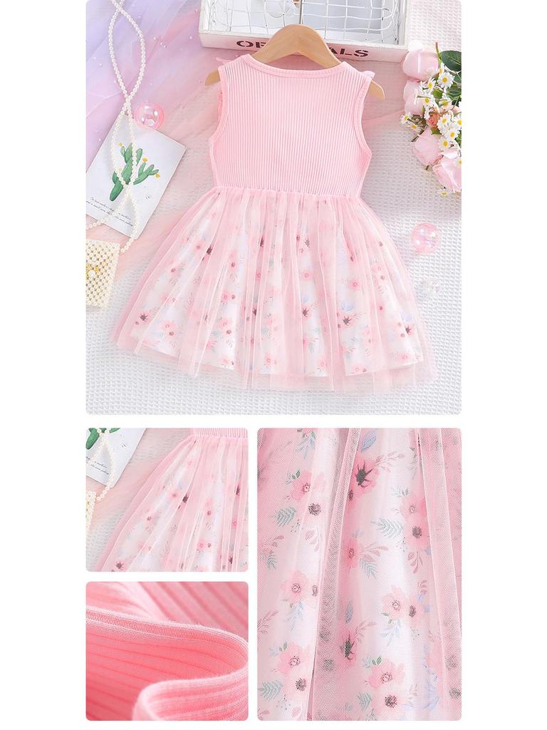 2025 Sweet Toddler Girls' A-Line Bowknot Mesh Dress - Sleeveless Cotton