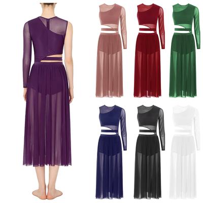 Dames Lyrische Danskostuums Mouwloos Mesh Tule Flowy Maxi Lange Jurk Moderne Hedendaagse Danskleding