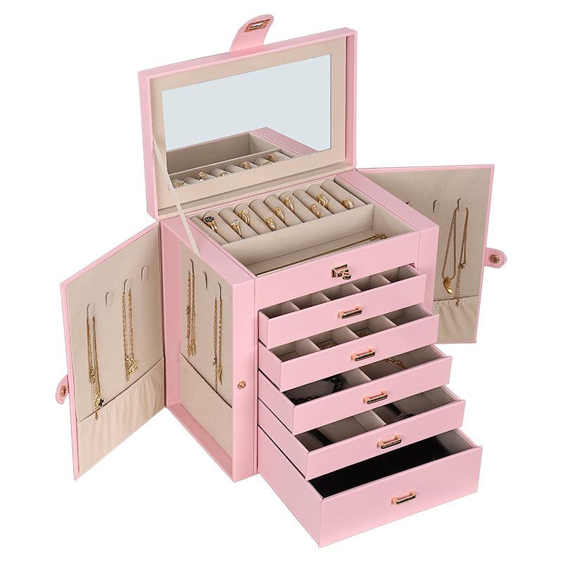 

Large Capacity Jewelry Box 5-layer Drawer Necklace Ring Storage Box Multifunction Luxury Leather Earring Jewelry Organizer Boxes рожевий