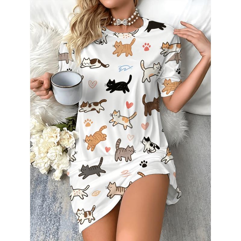 Cute Cartoon Cat Pattern Cartoon Print Round Neck Nightdress