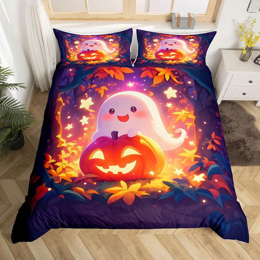 Cute Ghost Duvet Cover Twin King Halloween Bedding Set For Kids Girl Microfiber Horror Theme Comforter Cover With 2 Pillowcases