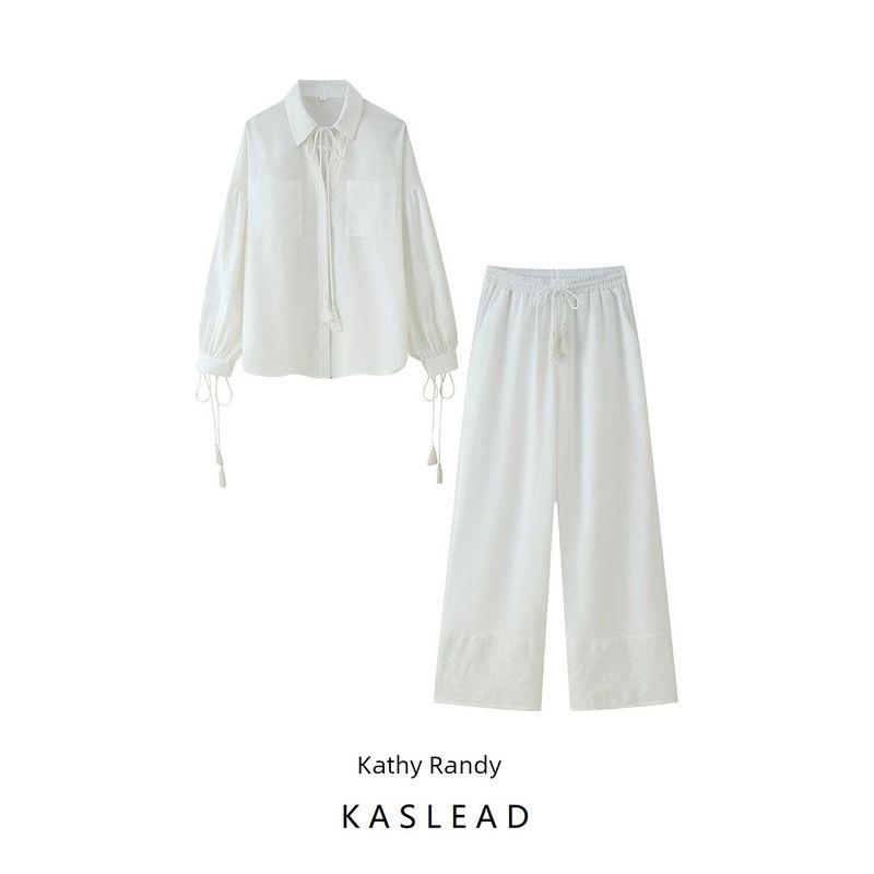 Kaslead New Women Clothes Western Style Simple Tassel Lace-up Embroidered Shirt Casual Trousers Set