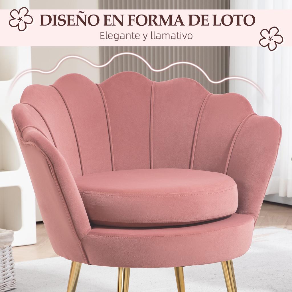 Velvet Upholstered Armchair Bedroom Armchair with Shell-Shaped Backrest and Gold Legs 76x67x74 Cm Pink