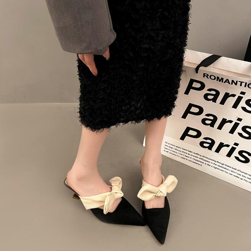 Fashion Hot Selling 2025 Summer New Korean Style Bow Bag Heel Half Drag Fine Track Sandals Women's Shoes Silver Ultrafine Fiber