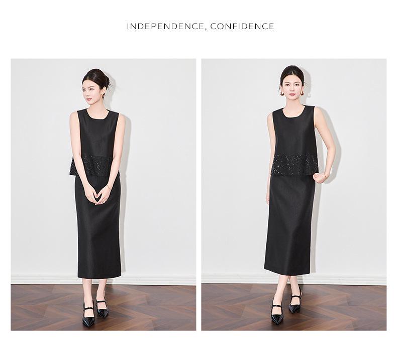 French Sequin Embroidery Vest & Tencel Midi Skirt Two-Piece Set for Women