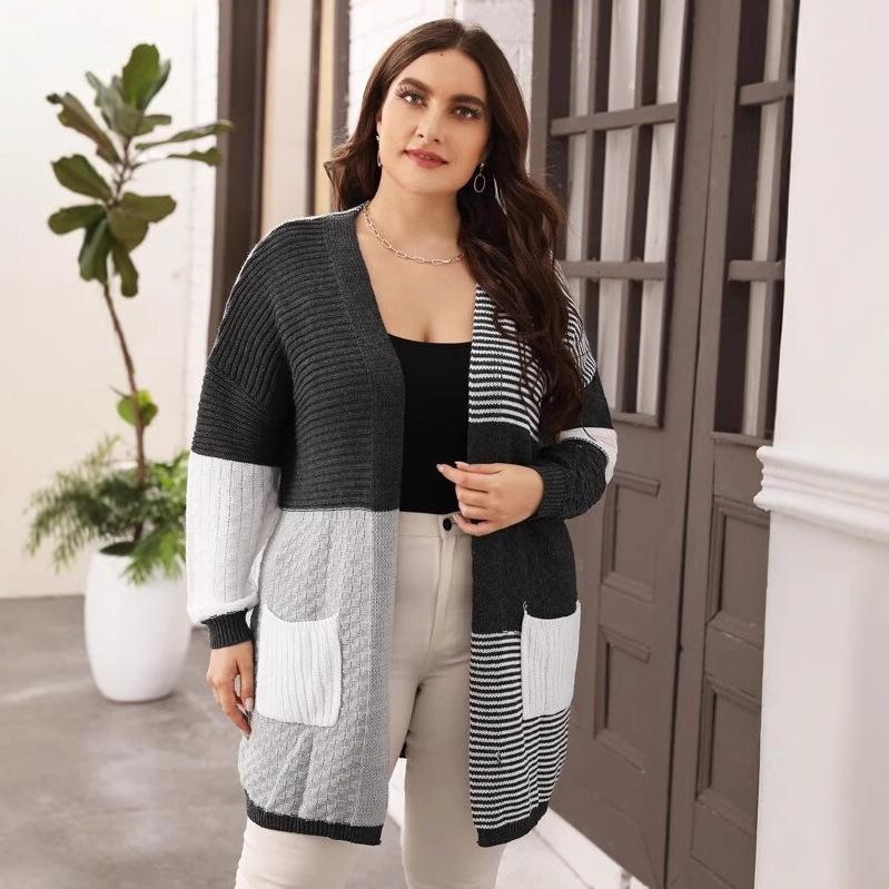 Large size women's clothing, European, American autumn and winter knitted cardigan, new striped wool knitted sweater, fashionable and versatile